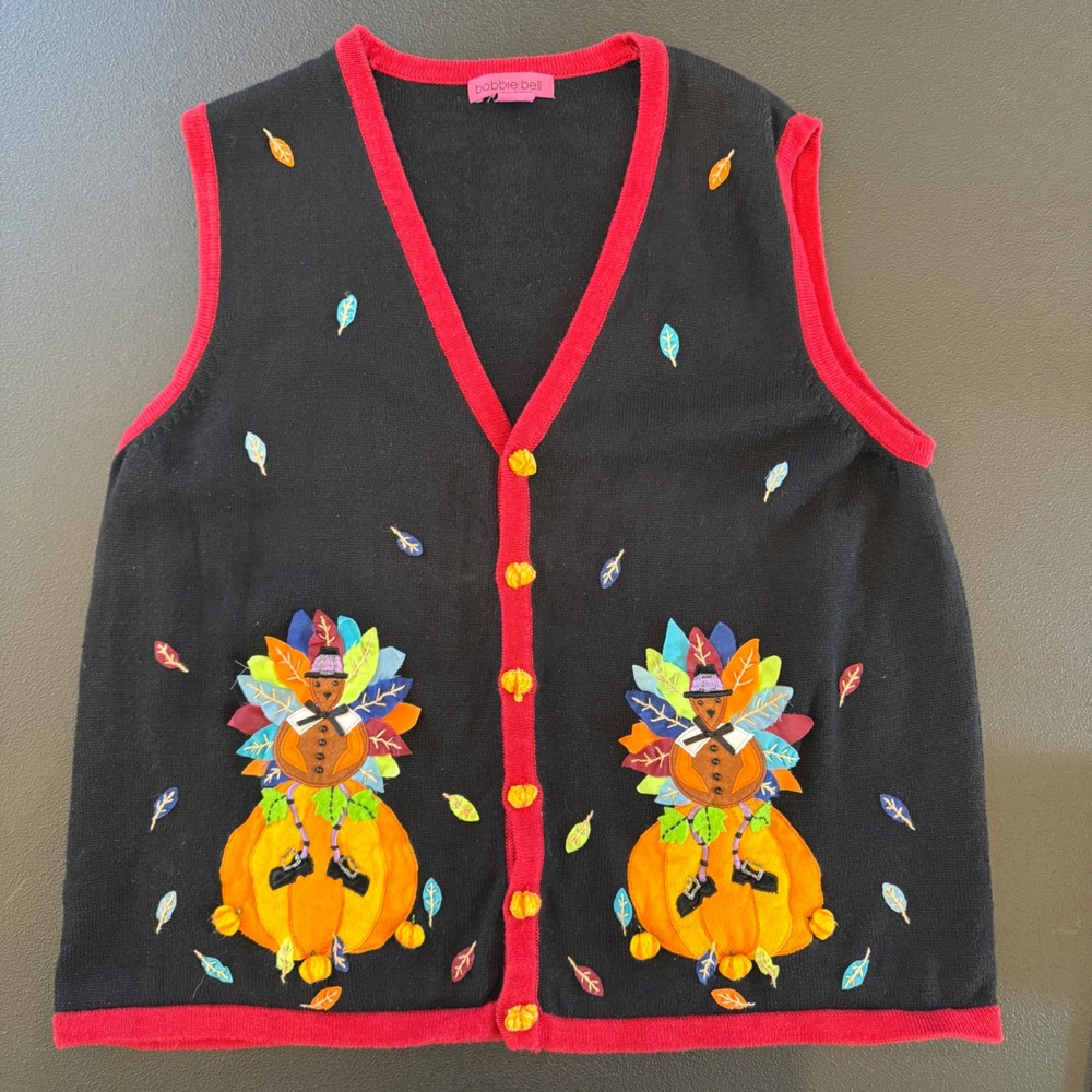 Bobbie Bell Thanksgiving Sweater Vest XL Turkey Pumpkin Grandma Core Teacher